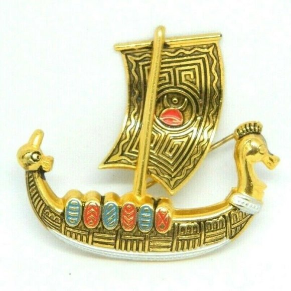 Vintage Jewelry - Vintage Spain Signed Damascene Boat Ship Pin